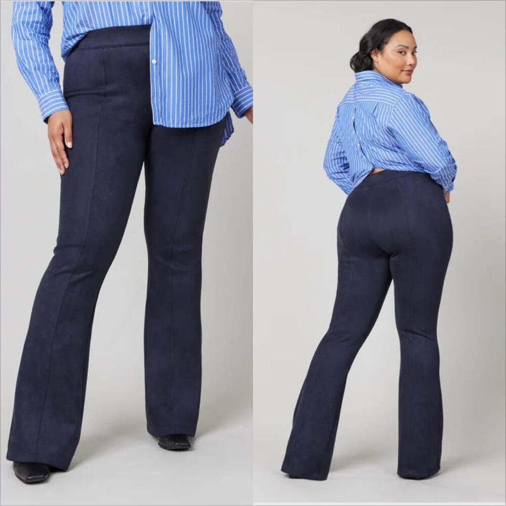 Spanx Faux Suede Flare Pants Size Large Navy Blue High Waisted Pull On Shaping